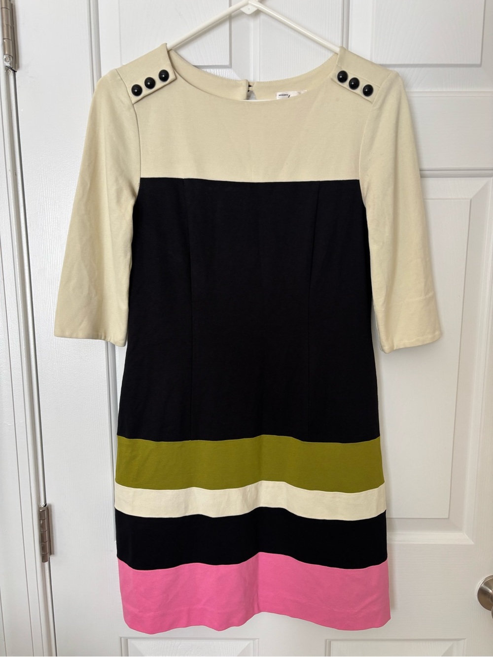 Milly Colorblock Shift Dress in Cream, Black, Olive & Pink Medium
